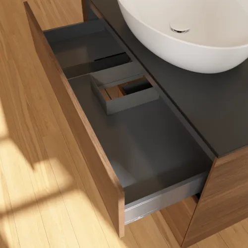 VILLEROY BOCH Toaletní stolek Finion, s osvětlením, 2 výsuvy, 1000 x 603 x 501 mm, ořechová dýha / ořechová dýha / sklo černé matné #F892GNGN, obrázek 8