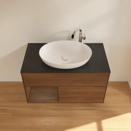 VILLEROY BOCH Toaletní stolek Finion, s osvětlením, 2 výsuvy, 1000 x 603 x 501 mm, ořechová dýha / ořechová dýha / sklo černé matné #F892GNGN, obrázek 4