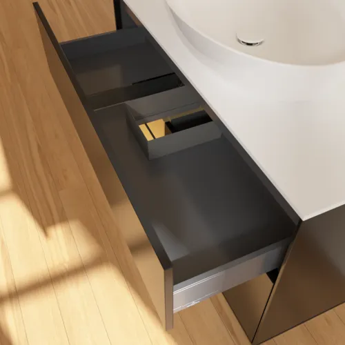 VILLEROY BOCH Toaletní skříňka Finion, s osvětlením, 2 výsuvy, 1000 x 603 x 501 mm, černý matný lak / zlatý matný lak / bílé matné sklo #F891HFPD, obrázek 8