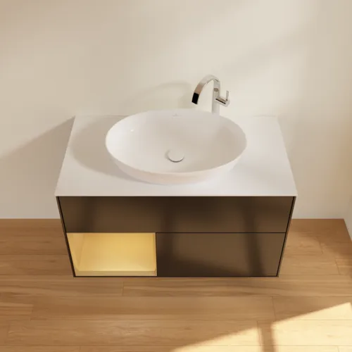 VILLEROY BOCH Toaletní skříňka Finion, s osvětlením, 2 výsuvy, 1000 x 603 x 501 mm, černý matný lak / zlatý matný lak / bílé matné sklo #F891HFPD, obrázek 4