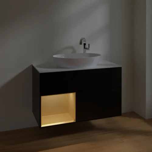VILLEROY BOCH Toaletní skříňka Finion, s osvětlením, 2 výsuvy, 1000 x 603 x 501 mm, černý matný lak / zlatý matný lak / bílé matné sklo #F891HFPD, obrázek 5