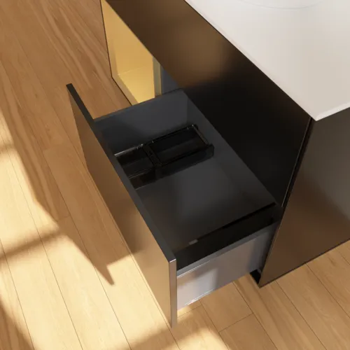 VILLEROY BOCH Toaletní skříňka Finion, s osvětlením, 2 výsuvy, 1000 x 603 x 501 mm, černý matný lak / zlatý matný lak / bílé matné sklo #F891HFPD, obrázek 7