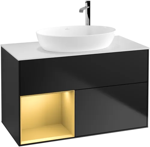 VILLEROY BOCH Toaletní skříňka Finion, s osvětlením, 2 výsuvy, 1000 x 603 x 501 mm, černý matný lak / zlatý matný lak / bílé matné sklo #F891HFPD, obrázek 1