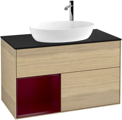 VILLEROY BOCH Toaletní stolek Finion, s osvětlením, 2 výsuvy, 1000 x 603 x 501 mm, dubová dýha / matný lak Pivoňka / matné černé sklo #F892HBPC, obrázek 1