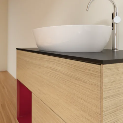 VILLEROY BOCH Toaletní stolek Finion, s osvětlením, 2 výsuvy, 1000 x 603 x 501 mm, dubová dýha / matný lak Pivoňka / matné černé sklo #F892HBPC, obrázek 6