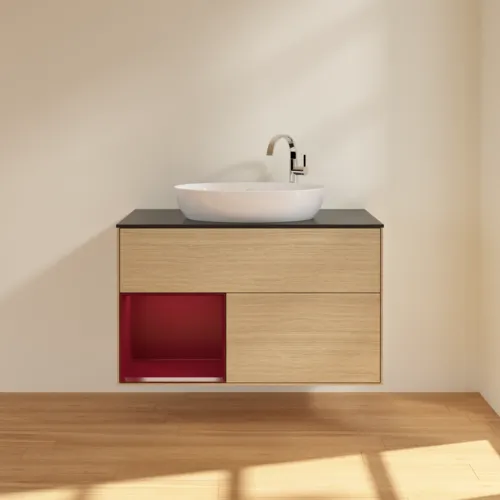 VILLEROY BOCH Toaletní stolek Finion, s osvětlením, 2 výsuvy, 1000 x 603 x 501 mm, dubová dýha / matný lak Pivoňka / matné černé sklo #F892HBPC, obrázek 3