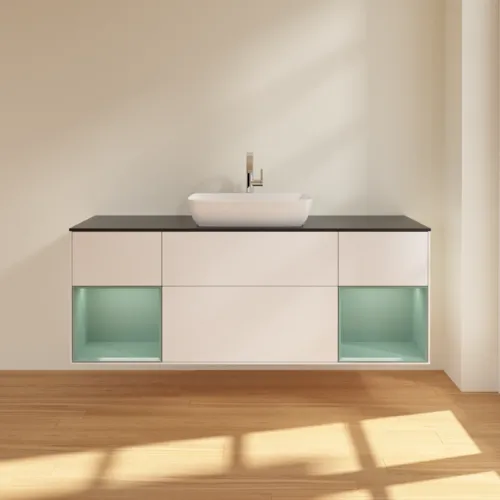 VILLEROY BOCH Toaletní skříňka Finion, s osvětlením, 4 výsuvy, 1600 x 603 x 501 mm, bílý matný lak / olivový matný lak / černé matné sklo #F862GMMT, obrázek 3