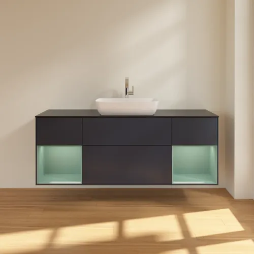 VILLEROY BOCH Toaletní skříňka Finion, s osvětlením, 4 výsuvy, 1600 x 603 x 501 mm, Midnight Blue Matt Lacquer / Olive Matt Lacquer / Glass Black Matt #F862GMHG, obrázek 3