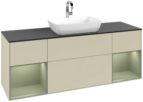 VILLEROY BOCH Toaletní skříňka Finion, s osvětlením, 4 výsuvy, 1600 x 603 x 501 mm, hedvábně šedý matný lak / olivový matný lak / černé matné sklo #F862GMHJ