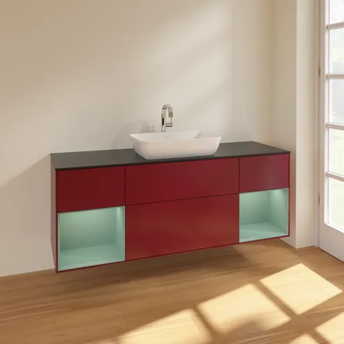 VILLEROY BOCH Toaletní skříňka Finion, s osvětlením, 4 výsuvy, 1600 x 603 x 501 mm, Pivoňka matný lak / Olivový matný lak / Sklo černé matné #F862GMHB, obrázek 2