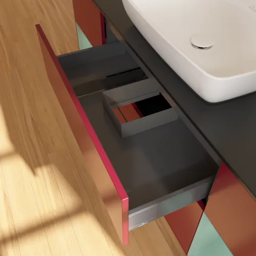 VILLEROY BOCH Toaletní skříňka Finion, s osvětlením, 4 výsuvy, 1600 x 603 x 501 mm, Pivoňka matný lak / Olivový matný lak / Sklo černé matné #F862GMHB, obrázek 8