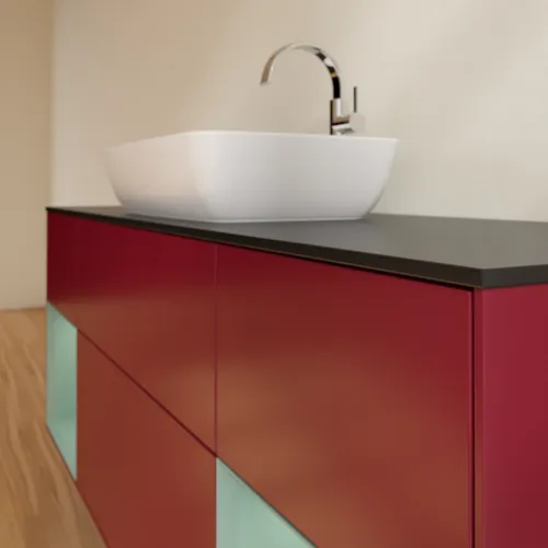 VILLEROY BOCH Toaletní skříňka Finion, s osvětlením, 4 výsuvy, 1600 x 603 x 501 mm, Pivoňka matný lak / Olivový matný lak / Sklo černé matné #F862GMHB, obrázek 6