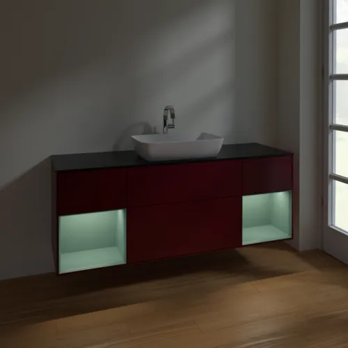 VILLEROY BOCH Toaletní skříňka Finion, s osvětlením, 4 výsuvy, 1600 x 603 x 501 mm, Pivoňka matný lak / Olivový matný lak / Sklo černé matné #F862GMHB, obrázek 5