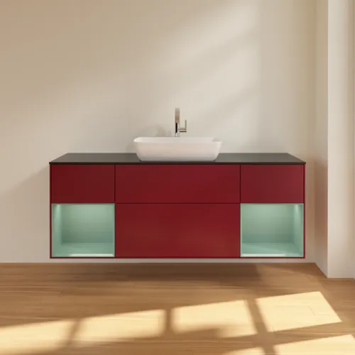 VILLEROY BOCH Toaletní skříňka Finion, s osvětlením, 4 výsuvy, 1600 x 603 x 501 mm, Pivoňka matný lak / Olivový matný lak / Sklo černé matné #F862GMHB, obrázek 3