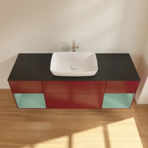VILLEROY BOCH Toaletní skříňka Finion, s osvětlením, 4 výsuvy, 1600 x 603 x 501 mm, Pivoňka matný lak / Olivový matný lak / Sklo černé matné #F862GMHB, obrázek 4