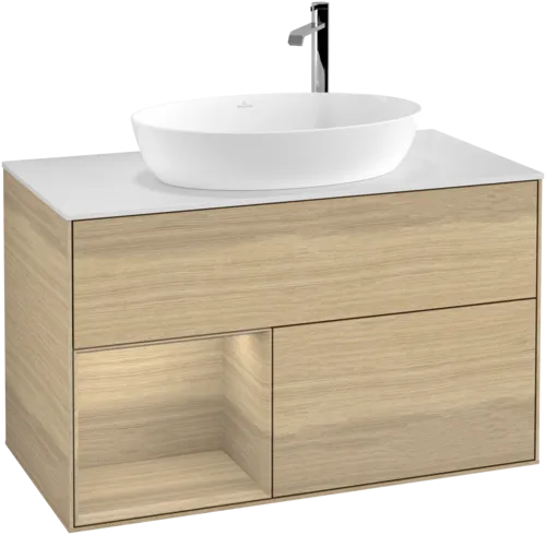 VILLEROY BOCH Toaletní skříňka Finion, s osvětlením, 2 výsuvy, 1000 x 603 x 501 mm, dubová dýha / dubová dýha / sklo bílé matné #F891PCPC, obrázek 1