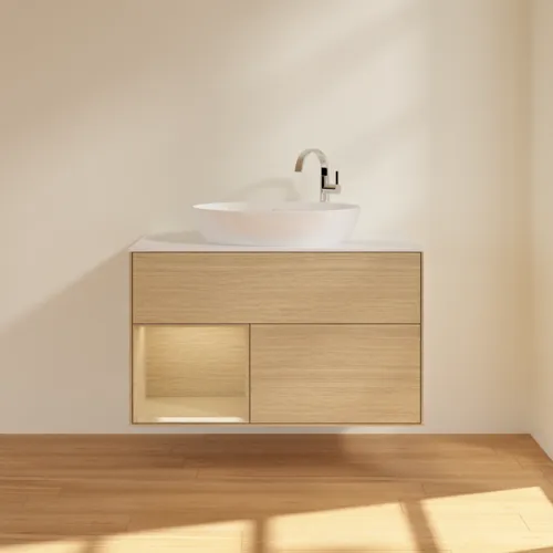 VILLEROY BOCH Toaletní skříňka Finion, s osvětlením, 2 výsuvy, 1000 x 603 x 501 mm, dubová dýha / dubová dýha / sklo bílé matné #F891PCPC, obrázek 3