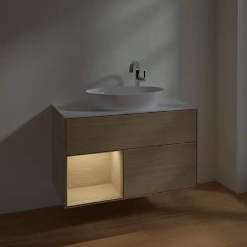 VILLEROY BOCH Toaletní skříňka Finion, s osvětlením, 2 výsuvy, 1000 x 603 x 501 mm, dubová dýha / dubová dýha / sklo bílé matné #F891PCPC, obrázek 5