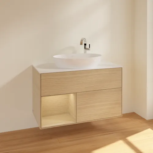 VILLEROY BOCH Toaletní skříňka Finion, s osvětlením, 2 výsuvy, 1000 x 603 x 501 mm, dubová dýha / dubová dýha / sklo bílé matné #F891PCPC, obrázek 2