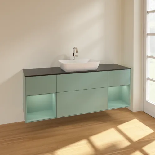 VILLEROY BOCH Toaletní skříňka Finion, s osvětlením, 4 výsuvy, 1600 x 603 x 501 mm, olivově matný lak / olivově matný lak / sklo černé matné #F862GMGM, obrázek 2