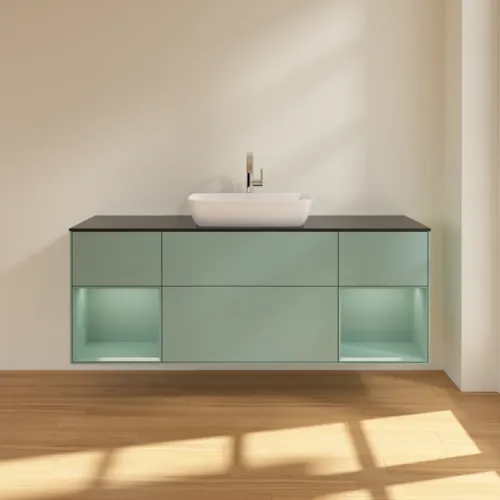 VILLEROY BOCH Toaletní skříňka Finion, s osvětlením, 4 výsuvy, 1600 x 603 x 501 mm, olivově matný lak / olivově matný lak / sklo černé matné #F862GMGM, obrázek 3