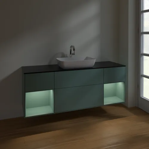 VILLEROY BOCH Toaletní skříňka Finion, s osvětlením, 4 výsuvy, 1600 x 603 x 501 mm, olivově matný lak / olivově matný lak / sklo černé matné #F862GMGM, obrázek 5