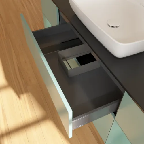 VILLEROY BOCH Toaletní skříňka Finion, s osvětlením, 4 výsuvy, 1600 x 603 x 501 mm, olivově matný lak / olivově matný lak / sklo černé matné #F862GMGM, obrázek 8
