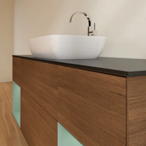 VILLEROY BOCH Toaletní skříňka Finion, s osvětlením, 4 výsuvy, 1600 x 603 x 501 mm, ořechová dýha / olivově matný lak / sklo černé matné #F862GMGN, obrázek 6