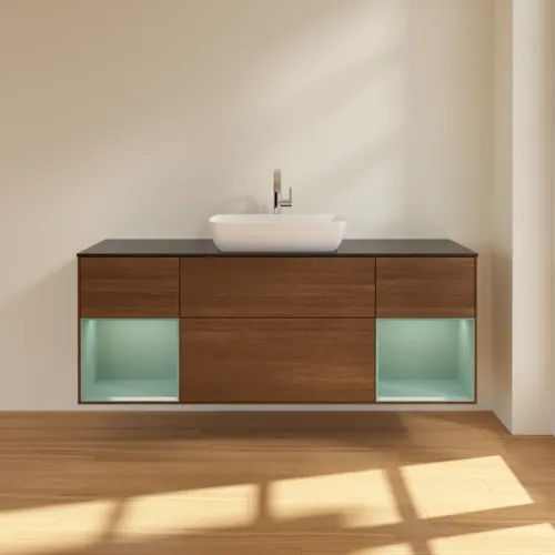 VILLEROY BOCH Toaletní skříňka Finion, s osvětlením, 4 výsuvy, 1600 x 603 x 501 mm, ořechová dýha / olivově matný lak / sklo černé matné #F862GMGN, obrázek 3