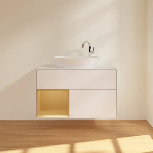 VILLEROY BOCH Toaletní skříňka Finion, s osvětlením, 2 výsuvy, 1000 x 603 x 501 mm, bílý matný lak / zlatý matný lak / sklo bílé matné #F891HFMT, obrázek 3