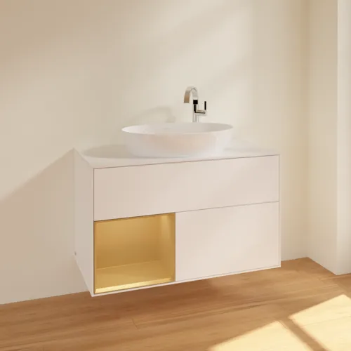 VILLEROY BOCH Toaletní skříňka Finion, s osvětlením, 2 výsuvy, 1000 x 603 x 501 mm, bílý matný lak / zlatý matný lak / sklo bílé matné #F891HFMT, obrázek 2