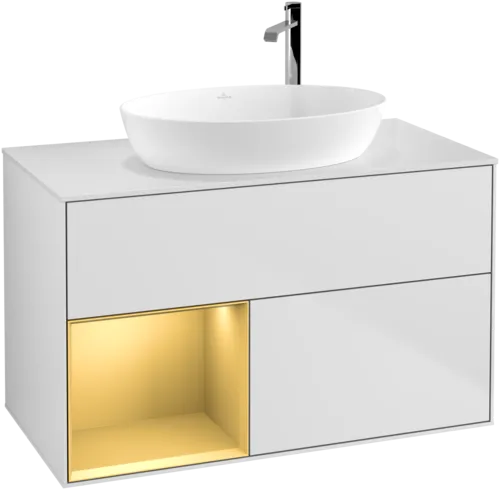 VILLEROY BOCH Toaletní skříňka Finion, s osvětlením, 2 výsuvy, 1000 x 603 x 501 mm, bílý matný lak / zlatý matný lak / sklo bílé matné #F891HFMT, obrázek 1