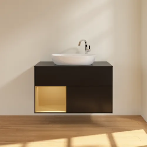 VILLEROY BOCH Toaletní skříňka Finion, s osvětlením, 2 výsuvy, 1000 x 603 x 501 mm, černý matný lak / zlatý matný lak / černé matné sklo #F892HFPD, obrázek 3