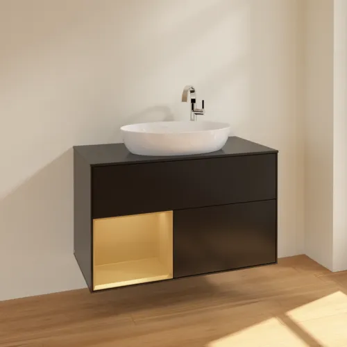 VILLEROY BOCH Toaletní skříňka Finion, s osvětlením, 2 výsuvy, 1000 x 603 x 501 mm, černý matný lak / zlatý matný lak / černé matné sklo #F892HFPD, obrázek 2