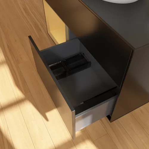 VILLEROY BOCH Toaletní skříňka Finion, s osvětlením, 2 výsuvy, 1000 x 603 x 501 mm, černý matný lak / zlatý matný lak / černé matné sklo #F892HFPD, obrázek 7