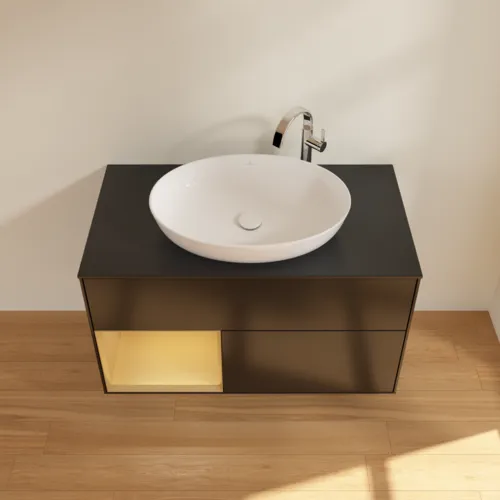 VILLEROY BOCH Toaletní skříňka Finion, s osvětlením, 2 výsuvy, 1000 x 603 x 501 mm, černý matný lak / zlatý matný lak / černé matné sklo #F892HFPD, obrázek 4