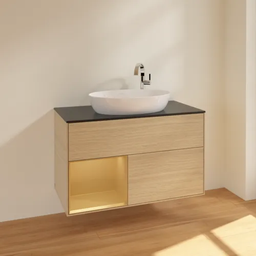VILLEROY BOCH Toaletní skříňka Finion, s osvětlením, 2 výsuvy, 1000 x 603 x 501 mm, dubová dýha / zlatý matný lak / černé matné sklo #F892HFPC, obrázek 2