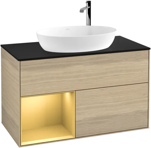 VILLEROY BOCH Toaletní skříňka Finion, s osvětlením, 2 výsuvy, 1000 x 603 x 501 mm, dubová dýha / zlatý matný lak / černé matné sklo #F892HFPC, obrázek 1