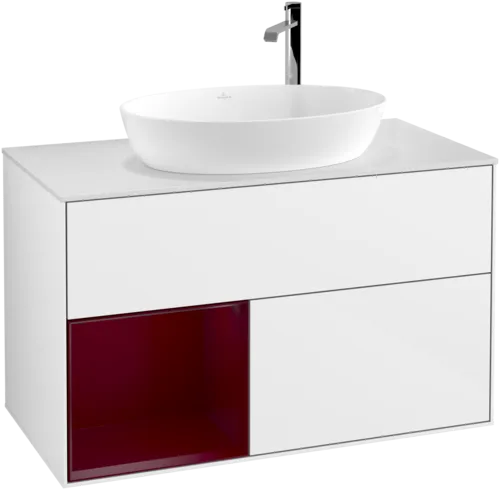 VILLEROY BOCH Toaletní skříňka Finion, s osvětlením, 2 výsuvy, 1000 x 603 x 501 mm, lesklý bílý lak / matný lak Pivoňka / matné bílé sklo #F891HBGF, obrázek 1