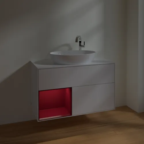 VILLEROY BOCH Toaletní skříňka Finion, s osvětlením, 2 výsuvy, 1000 x 603 x 501 mm, lesklý bílý lak / matný lak Pivoňka / matné bílé sklo #F891HBGF, obrázek 5