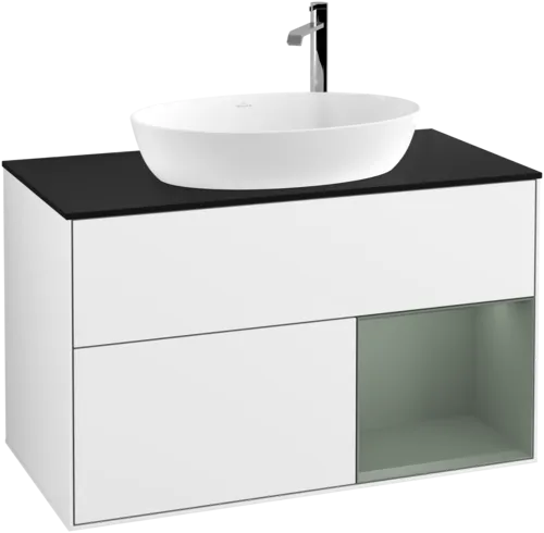 VILLEROY BOCH Toaletní skříňka Finion, s osvětlením, 2 výsuvy, 1000 x 603 x 501 mm, lesklý bílý lak / olivově matný lak / černé matné sklo #F902GMGF, obrázek 1