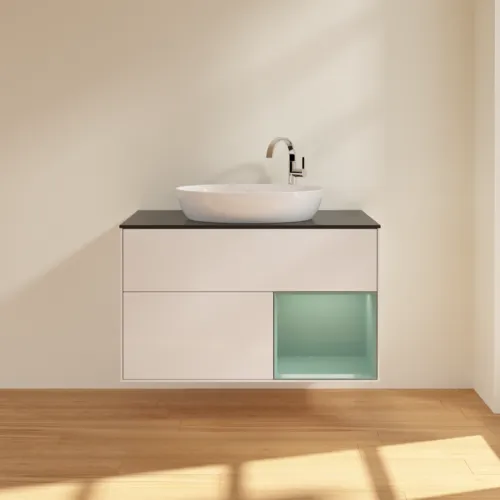 VILLEROY BOCH Toaletní skříňka Finion, s osvětlením, 2 výsuvy, 1000 x 603 x 501 mm, lesklý bílý lak / olivově matný lak / černé matné sklo #F902GMGF, obrázek 3