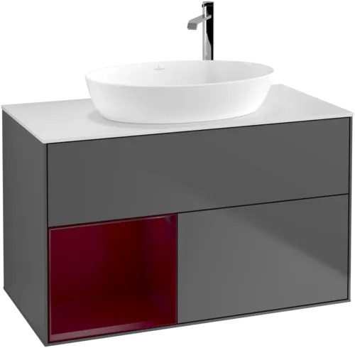 VILLEROY BOCH Toaletní skříňka Finion, s osvětlením, 2 výsuvy, 1000 x 603 x 501 mm, antracit matný lak / pivoňka matný lak / sklo bílé matné #F891HBGK