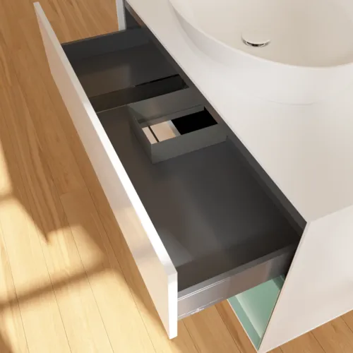 VILLEROY BOCH Toaletní skříňka Finion, s osvětlením, 2 výsuvy, 1000 x 603 x 501 mm, lesklý bílý lak / olivově matný lak / sklo bílé matné #F901GMGF, obrázek 8