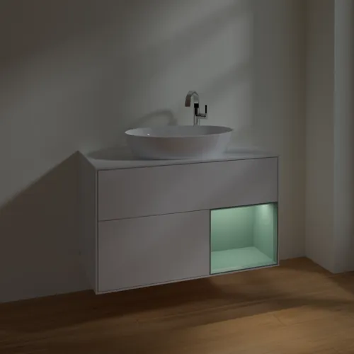 VILLEROY BOCH Toaletní skříňka Finion, s osvětlením, 2 výsuvy, 1000 x 603 x 501 mm, lesklý bílý lak / olivově matný lak / sklo bílé matné #F901GMGF, obrázek 5