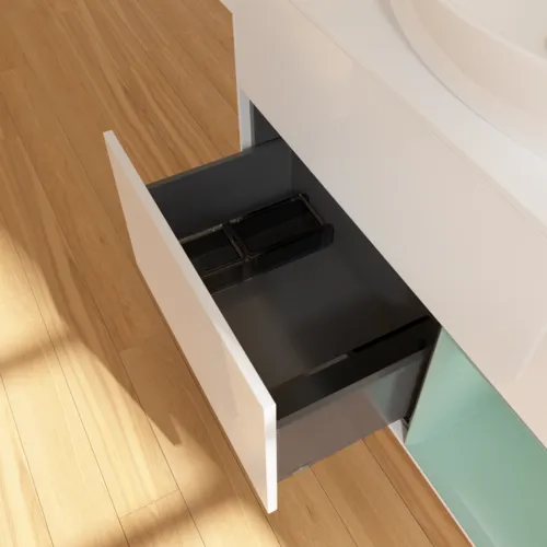 VILLEROY BOCH Toaletní skříňka Finion, s osvětlením, 2 výsuvy, 1000 x 603 x 501 mm, lesklý bílý lak / olivově matný lak / sklo bílé matné #F901GMGF, obrázek 7