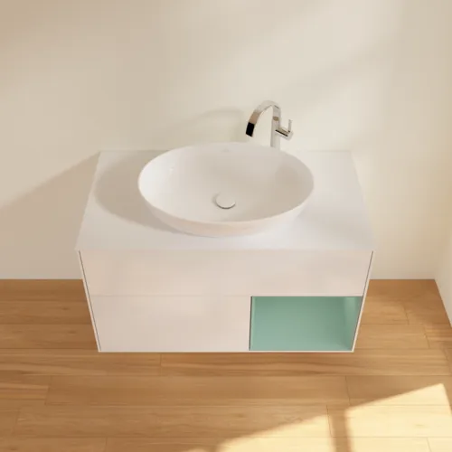 VILLEROY BOCH Toaletní skříňka Finion, s osvětlením, 2 výsuvy, 1000 x 603 x 501 mm, lesklý bílý lak / olivově matný lak / sklo bílé matné #F901GMGF, obrázek 4