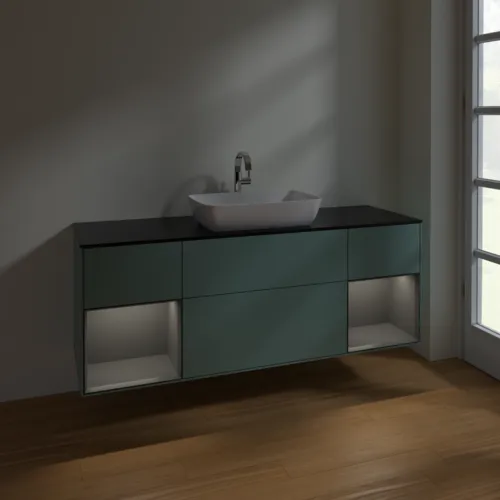 VILLEROY BOCH Toaletní skříňka Finion, s osvětlením, 4 výsuvy, 1600 x 603 x 501 mm, olivový matný lak / antracitový matný lak / černé matné sklo #F862GKGM, obrázek 5