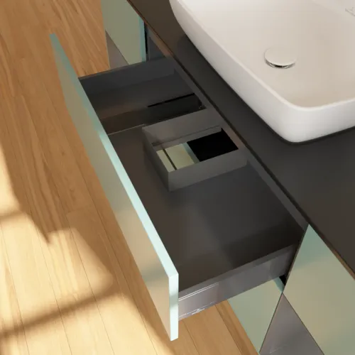 VILLEROY BOCH Toaletní skříňka Finion, s osvětlením, 4 výsuvy, 1600 x 603 x 501 mm, olivový matný lak / antracitový matný lak / černé matné sklo #F862GKGM, obrázek 8