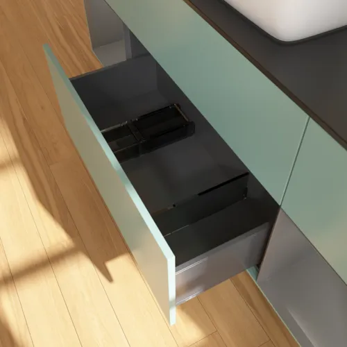 VILLEROY BOCH Toaletní skříňka Finion, s osvětlením, 4 výsuvy, 1600 x 603 x 501 mm, olivový matný lak / antracitový matný lak / černé matné sklo #F862GKGM, obrázek 7